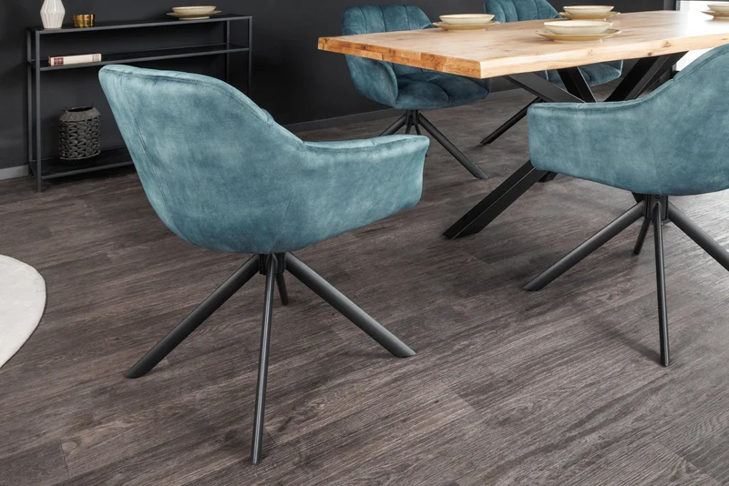 Lot de 2x chaises pivotante PAPILLON velours pétrole pieds métal noir accoudoirs