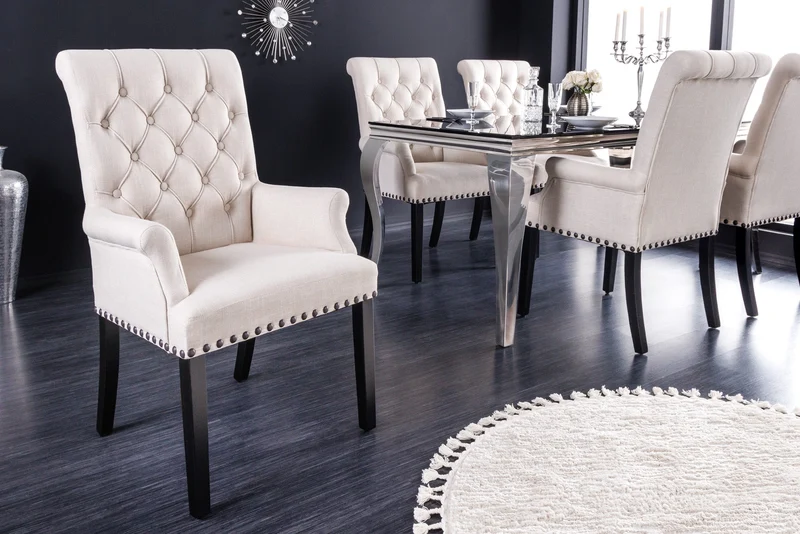 Lot de 2x chaises design CASTLE tissu texturé beige noir pieds bois Chesterfield