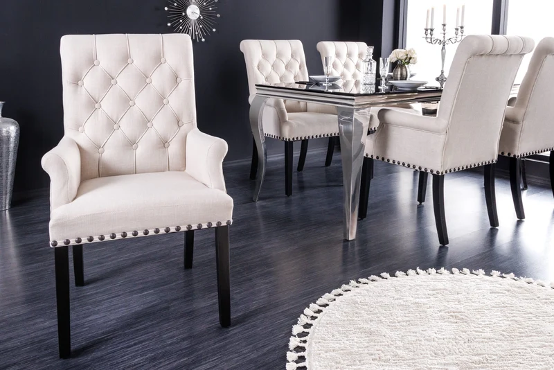 Lot de 2x chaises design CASTLE tissu texturé beige noir pieds bois Chesterfield