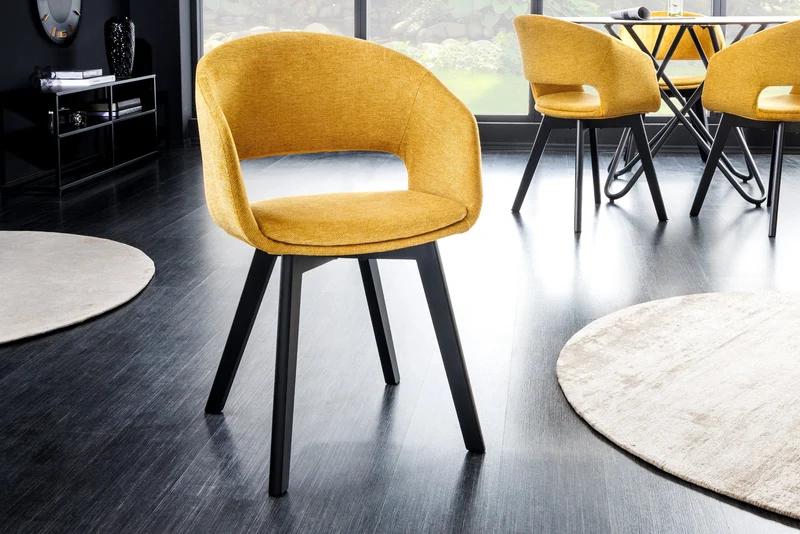 Lot de 2x chaises design NORDIC STAR tissu structuré jaune moutarde bois massif noir avec accoudoirs rembourrés