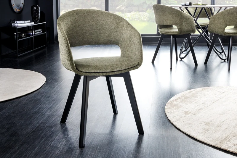Lot de 2x chaises design NORDIC STAR tissu structuré vert bois massif noir avec accoudoirs rembourrés