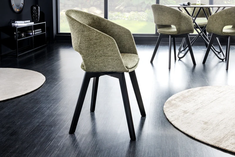 Lot de 2x chaises design NORDIC STAR tissu structuré vert bois massif noir avec accoudoirs rembourrés