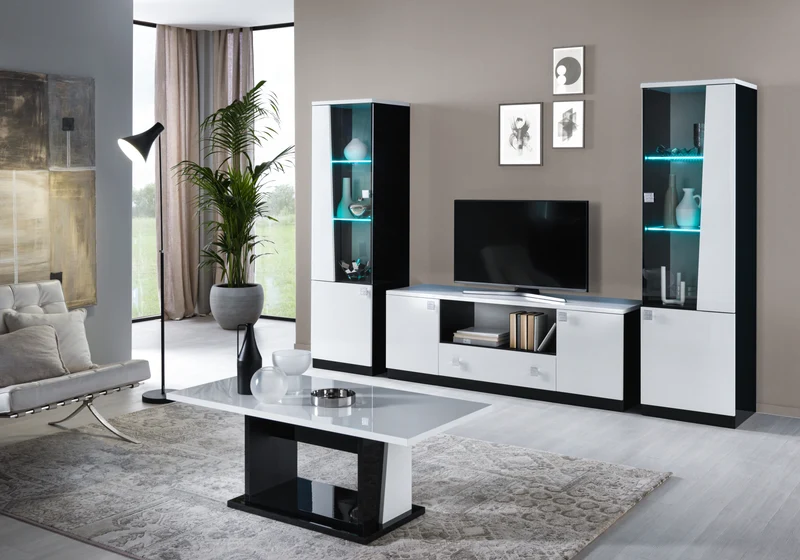 Mur TV design laqué blanc noir – ELISA