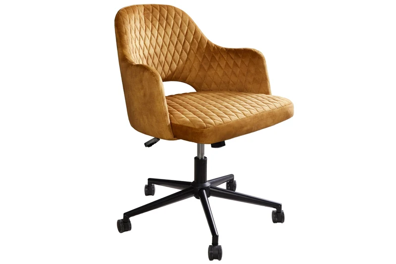 Lot de 2x chaises de bureau réglable en hauteur PARIS velours jaune moutarde accoudoirs noirs chaise pivotante