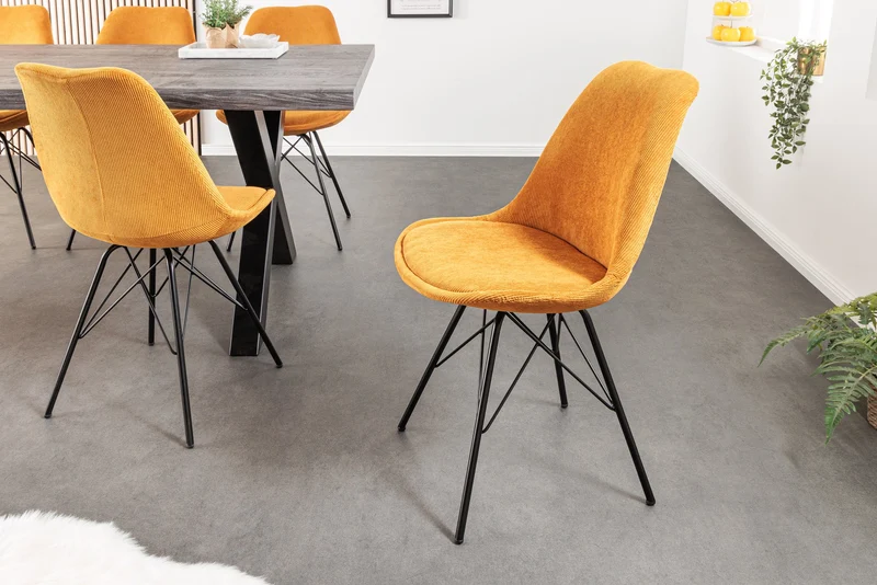Lot de 2x chaises design SCANDINAVIA MEISTERSTÜCK velours jaune moutarde pieds métal noir