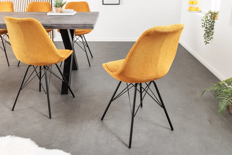 Lot de 2x chaises design SCANDINAVIA MEISTERSTÜCK velours jaune moutarde pieds métal noir