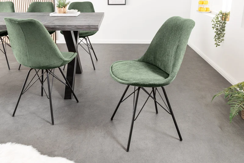 Lot de 2x chaises design SCANDINAVIA MEISTERSTÜCK velours côtelé vert structure métal noir