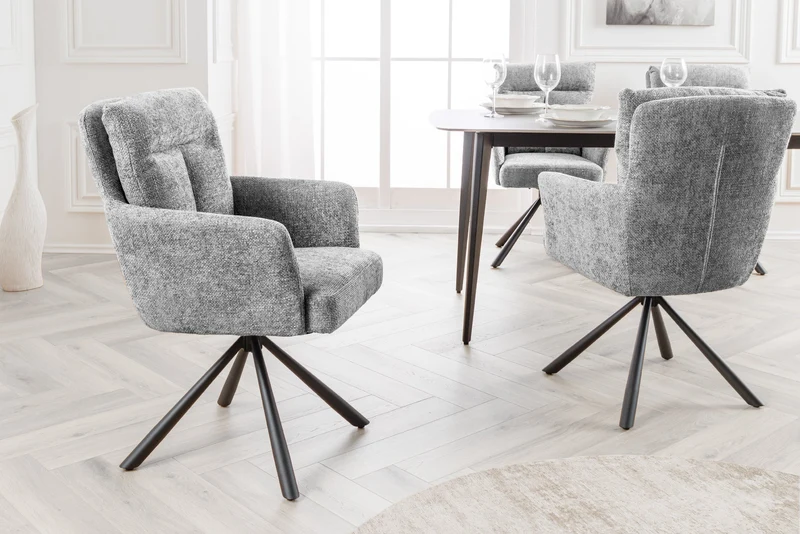 Lot de 2x chaises pivotante BIG GEORGE en tissu structuré gris avec accoudoirs en métal noir