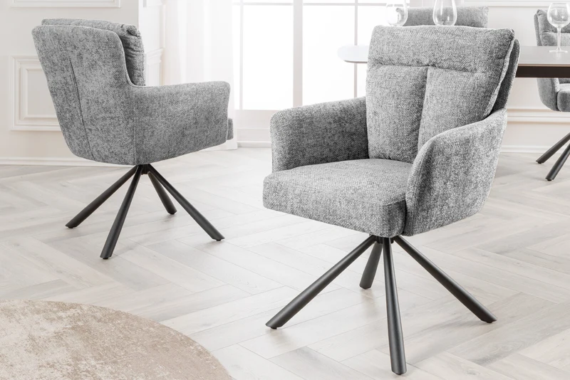 Lot de 2x chaises pivotante BIG GEORGE en tissu structuré gris avec accoudoirs en métal noir