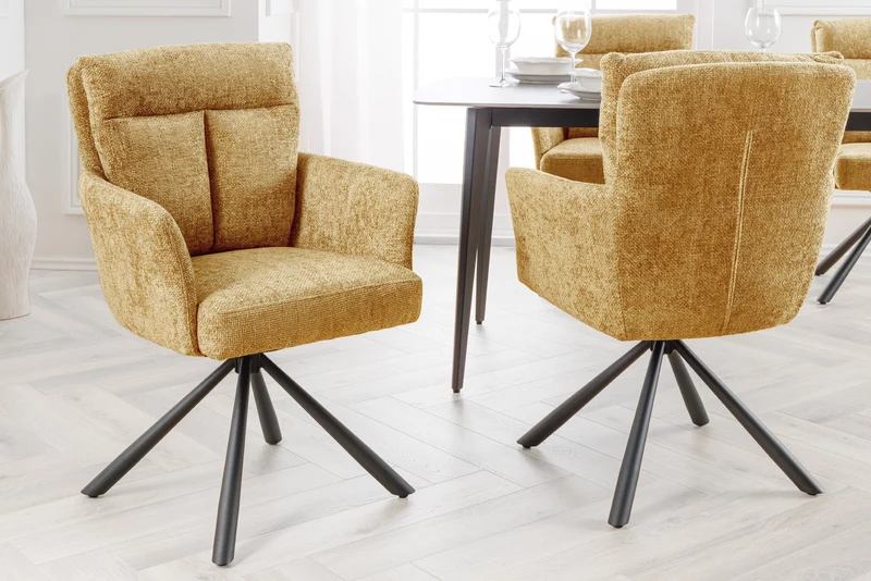 Lot de 2x chaises pivotante BIG GEORGE en tissu texturé jaune moutarde avec accoudoirs en métal noir