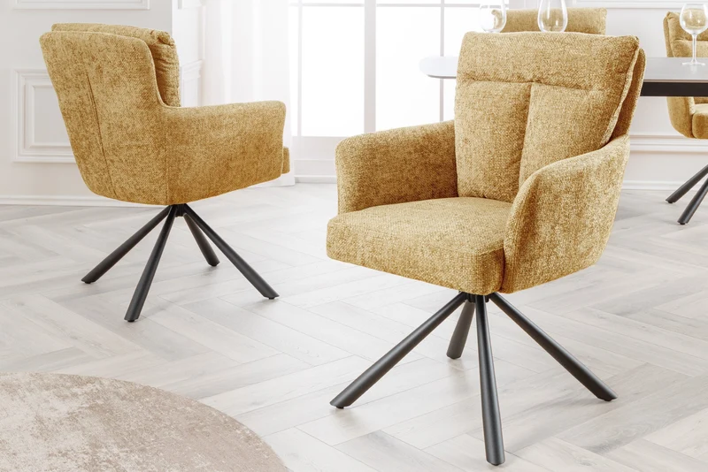 Lot de 2x chaises pivotante BIG GEORGE en tissu texturé jaune moutarde avec accoudoirs en métal noir