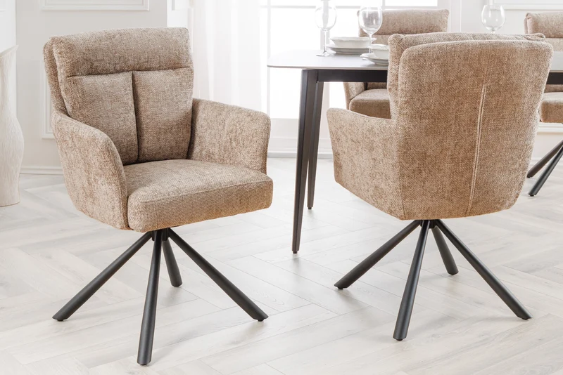 Lot de 2x chaises pivotante BIG GEORGE en tissu texturé beige avec accoudoirs en métal noir