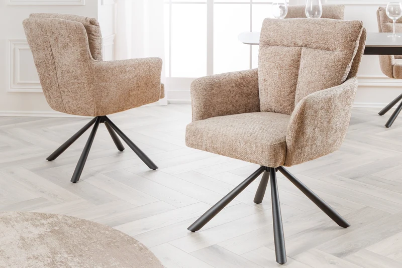 Lot de 2x chaises pivotante BIG GEORGE en tissu texturé beige avec accoudoirs en métal noir