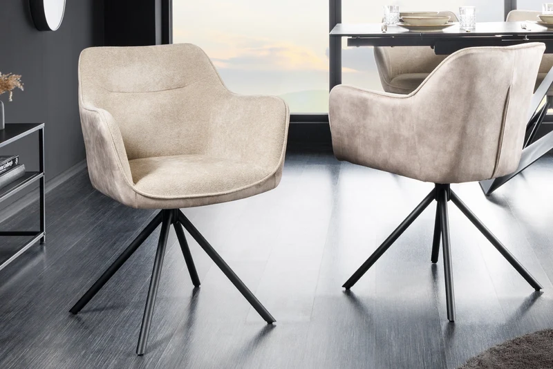 Lot de 2x chaises pivotante VERONA tissu texturé velours beige champagne avec accoudoirs pieds métal noir