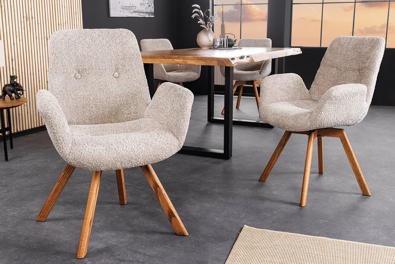 Lot de 2x chaises design pivotante BALTIC beige Bouclé pieds en bois massif de chêne naturel avec accoudoirs