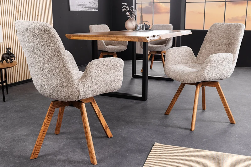Lot de 2x chaises design pivotante BALTIC beige Bouclé pieds en bois massif de chêne naturel avec accoudoirs
