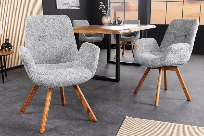 Lot de 2x chaises design pivotante BALTIC gris Bouclé pieds en bois massif de chêne naturel avec accoudoirs