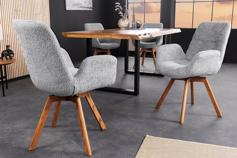 Lot de 2x chaises design pivotante BALTIC gris Bouclé pieds en bois massif de chêne naturel avec accoudoirs