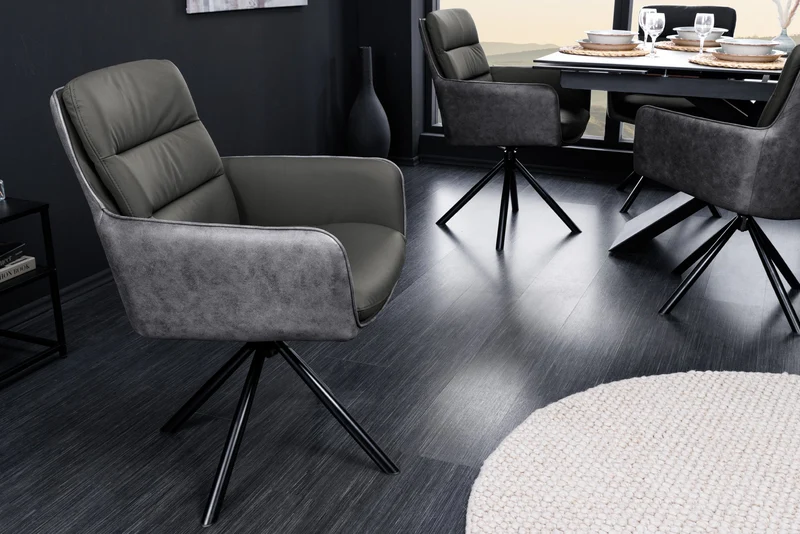 Chaise pivotante BIG GEORGE en cuir véritable gris microfibre avec accoudoirs pieds en métal noir