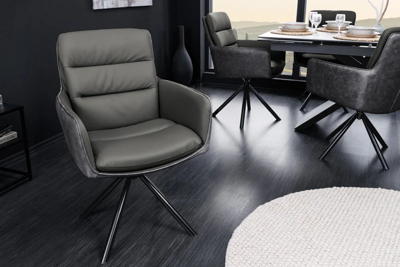 Chaise pivotante BIG GEORGE en cuir véritable gris microfibre avec accoudoirs pieds en métal noir
