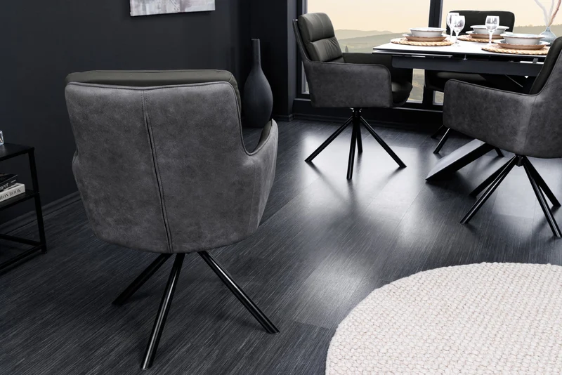 Chaise pivotante BIG GEORGE en cuir véritable gris microfibre avec accoudoirs pieds en métal noir