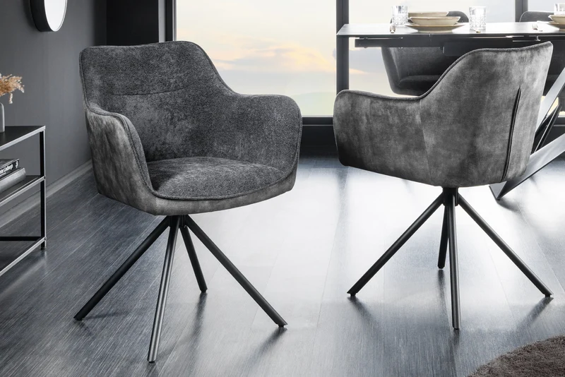 Lot de 2x chaises pivotante VERONA en tissu texturé velours gris foncé avec accoudoirs et pieds en métal noir