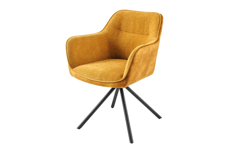 Lot de 2x chaises pivotante VERONA en tissu texturé velours jaune moutarde avec accoudoirs et pieds en métal noir