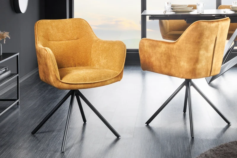 Lot de 2x chaises pivotante VERONA en tissu texturé velours jaune moutarde avec accoudoirs et pieds en métal noir
