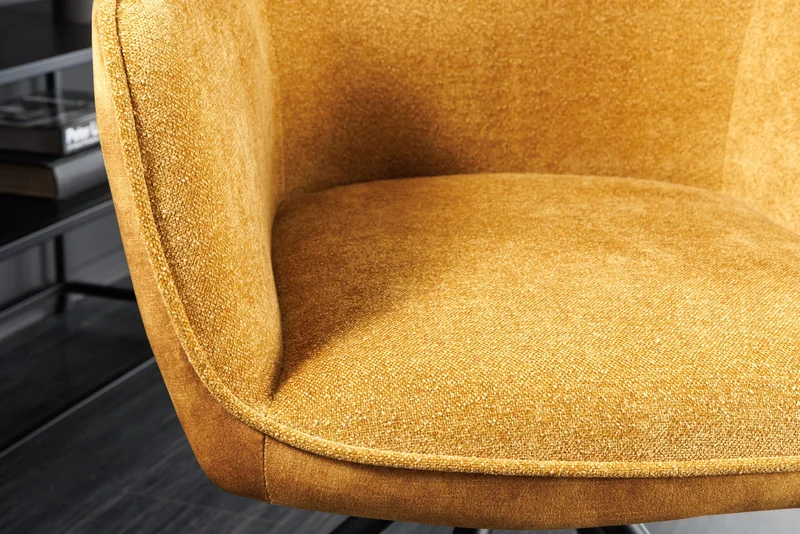 Lot de 2x chaises pivotante VERONA en tissu texturé velours jaune moutarde avec accoudoirs et pieds en métal noir