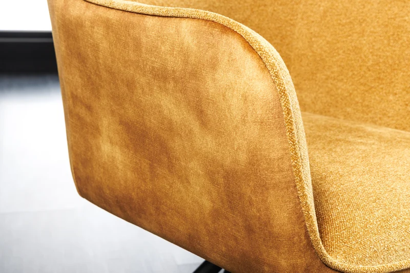 Lot de 2x chaises pivotante VERONA en tissu texturé velours jaune moutarde avec accoudoirs et pieds en métal noir
