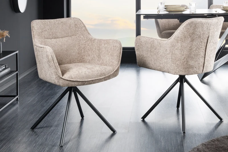 Lot de 2x chaises pivotante VERONA en tissu texturé beige champagne avec accoudoirs et pieds en métal noir