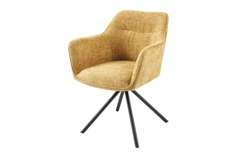 Lot de 2x chaises pivotante VERONA en tissu texturé jaune moutarde avec accoudoirs et pieds en métal noir