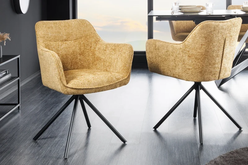 Lot de 2x chaises pivotante VERONA en tissu texturé jaune moutarde avec accoudoirs et pieds en métal noir