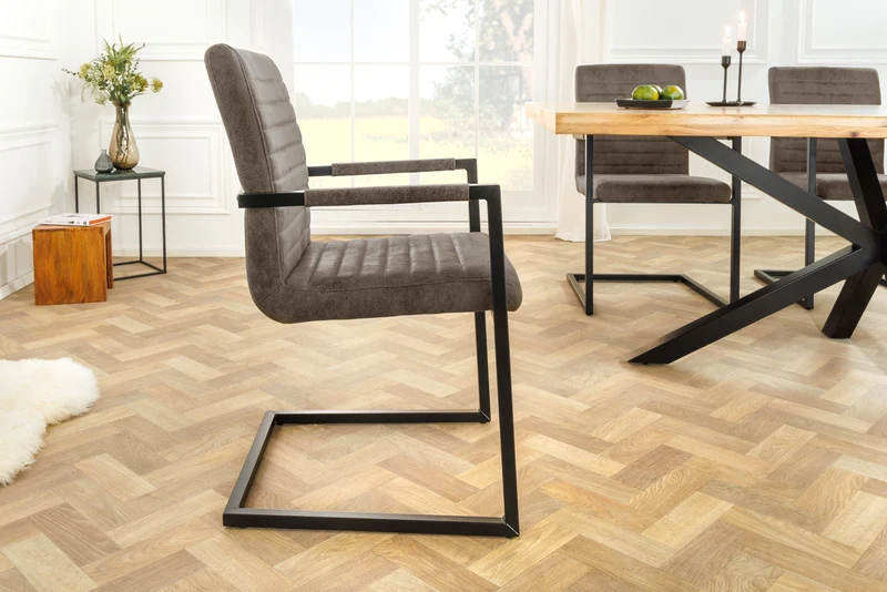 Lot de 2x chaises cantilever moderne LOFT en microfibre gris taupe avec accoudoirs et structure en fer noir