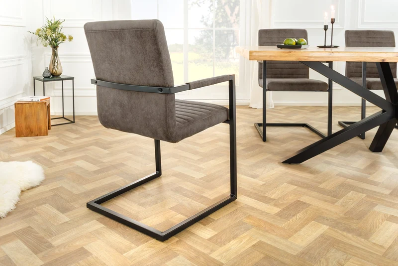 Lot de 2x chaises cantilever moderne LOFT en microfibre gris taupe avec accoudoirs et structure en fer noir