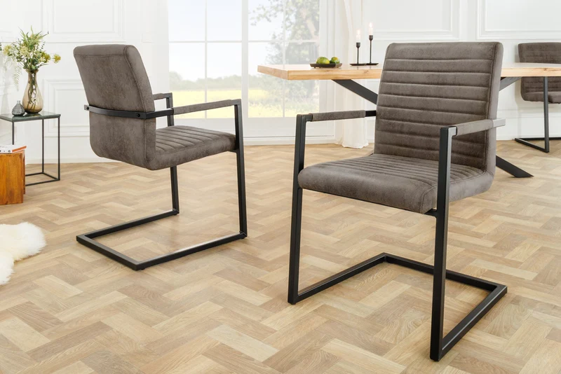 Lot de 2x chaises cantilever moderne LOFT en microfibre gris taupe avec accoudoirs et structure en fer noir