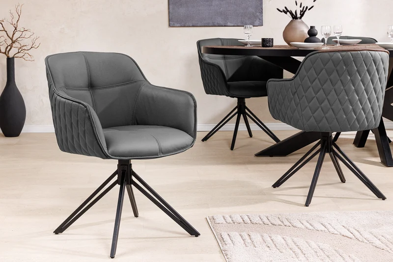 Lot de 2x chaises design pivotante EUPHORIA en cuir véritable gris, structure en métal noir avec accoudoirs