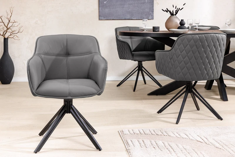 Lot de 2x chaises design pivotante EUPHORIA en cuir véritable gris, structure en métal noir avec accoudoirs