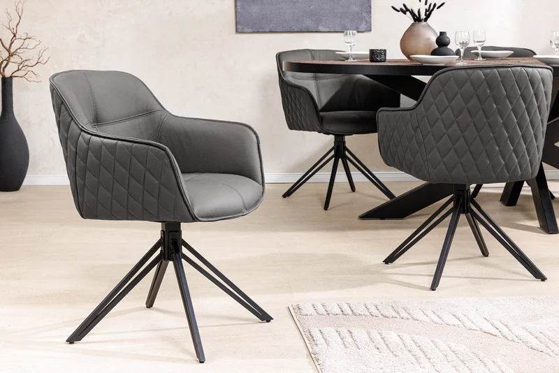 Lot de 2x chaises design pivotante EUPHORIA en cuir véritable gris, structure en métal noir avec accoudoirs