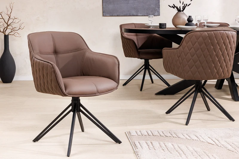 Lot de 2x chaises design pivotante EUPHORIA en cuir véritable marron, structure en métal noir avec accoudoirs