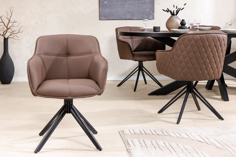 Lot de 2x chaises design pivotante EUPHORIA en cuir véritable marron, structure en métal noir avec accoudoirs