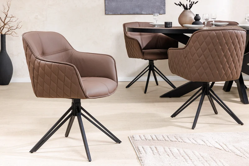 Lot de 2x chaises design pivotante EUPHORIA en cuir véritable marron, structure en métal noir avec accoudoirs