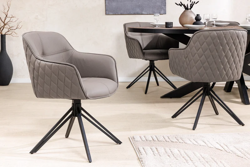 Lot de 2x chaises design pivotante EUPHORIA en cuir véritable taupe, structure en métal noir avec accoudoirs