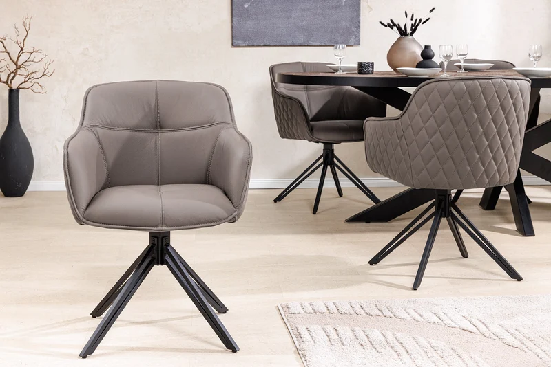 Lot de 2x chaises design pivotante EUPHORIA en cuir véritable taupe, structure en métal noir avec accoudoirs