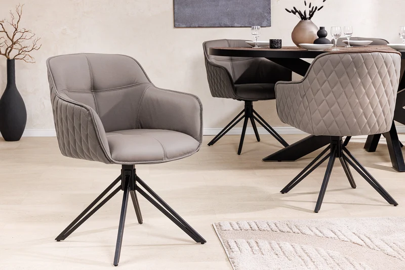 Lot de 2x chaises design pivotante EUPHORIA en cuir véritable taupe, structure en métal noir avec accoudoirs