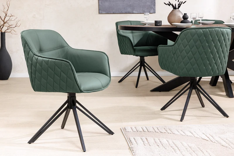 Lot de 2x chaises design pivotante EUPHORIA en cuir véritable vert, structure en métal noir avec accoudoirs