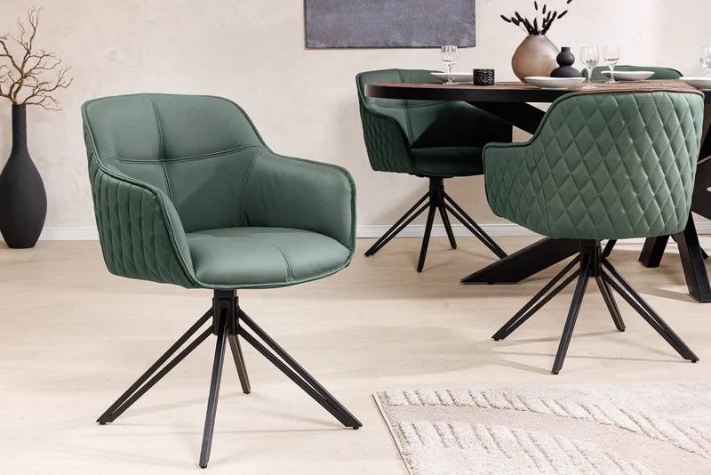 Lot de 2x chaises design pivotante EUPHORIA en cuir véritable vert, structure en métal noir avec accoudoirs