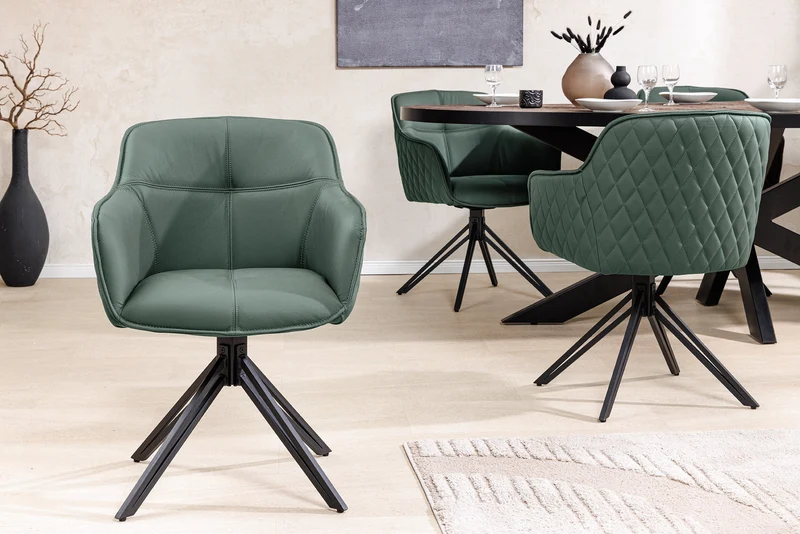 Lot de 2x chaises design pivotante EUPHORIA en cuir véritable vert, structure en métal noir avec accoudoirs