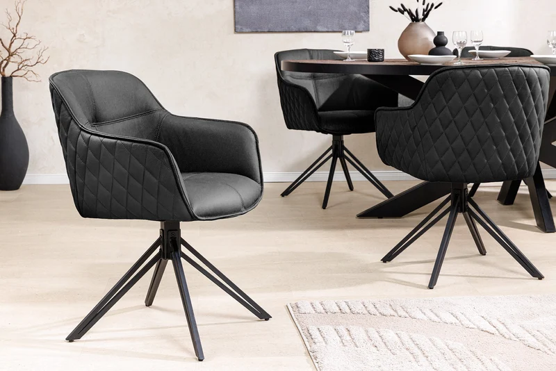 Lot de 2x chaises design pivotante EUPHORIA en cuir véritable noir, structure en métal avec accoudoirs
