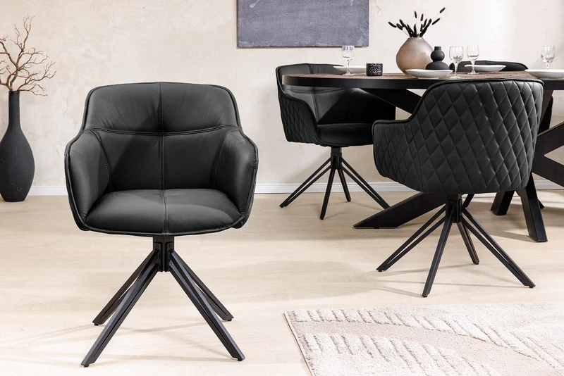 Lot de 2x chaises design pivotante EUPHORIA en cuir véritable noir, structure en métal avec accoudoirs